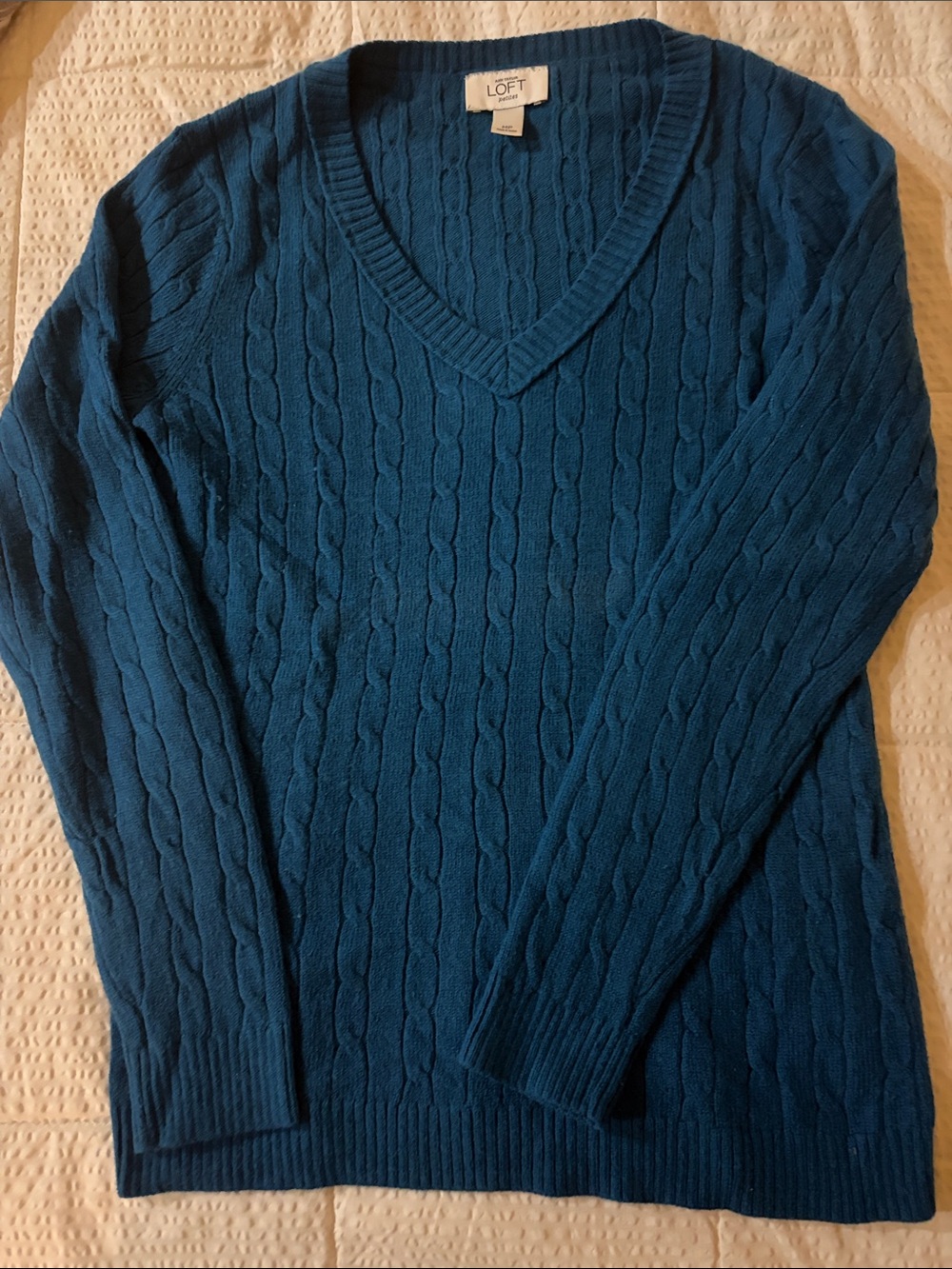 LOFT Women's Teal Blue Cable-Knit V-Neck Sweater